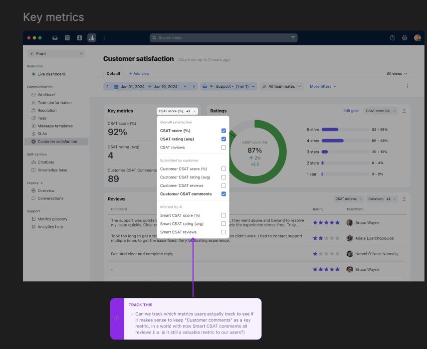 Figma board with comments tracking analytics decisions