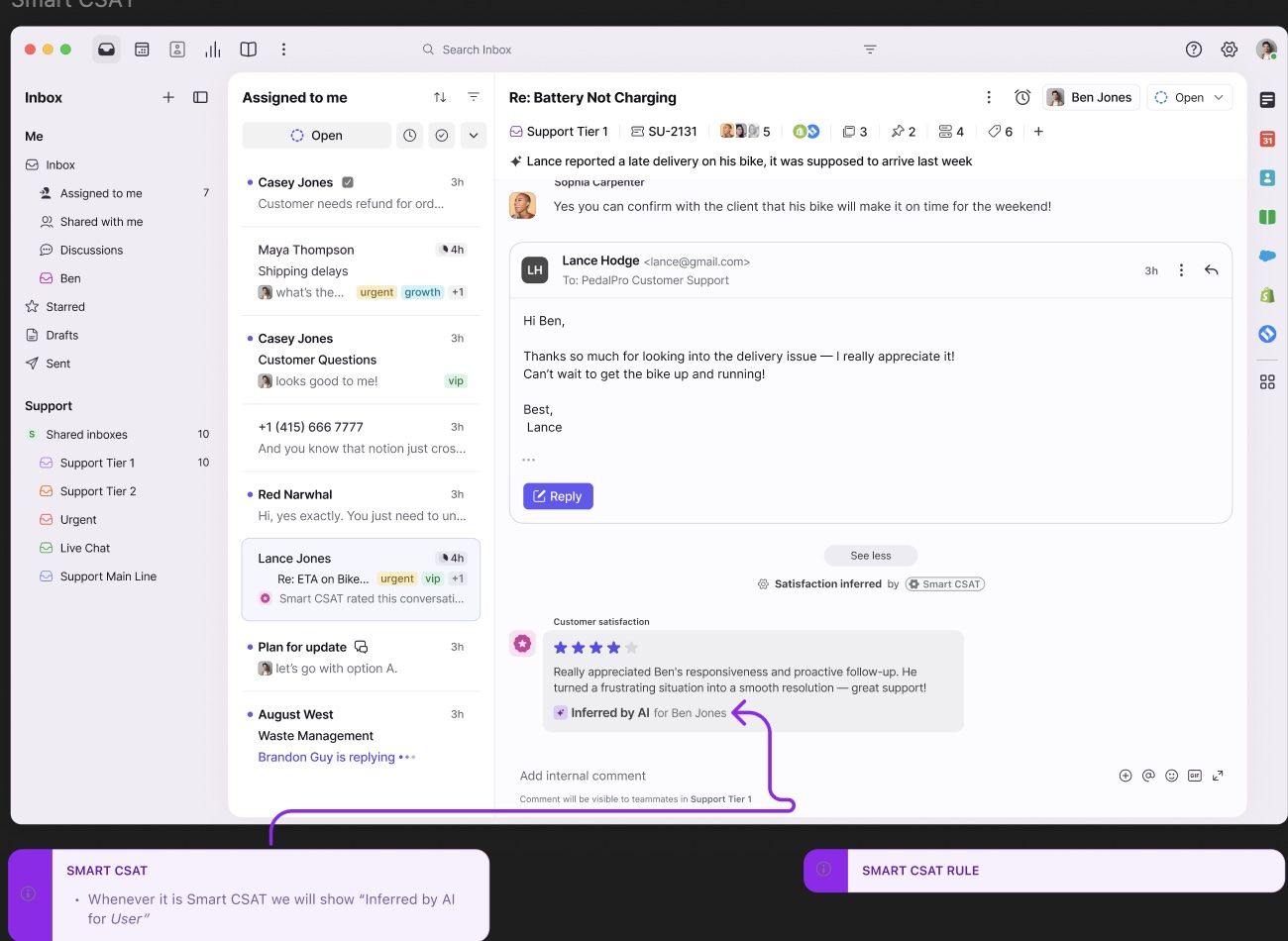 Figma board with feedback comments on the inbox design